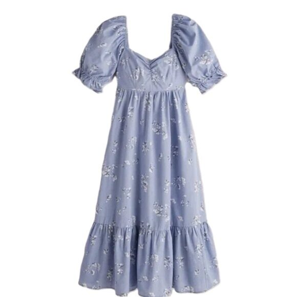 Abercrombie & Fitch Dresses & Skirts - Abercrombie & Fitch Poplin Puff Sleeve Midi Dress Smocked Back Floral Blue Small